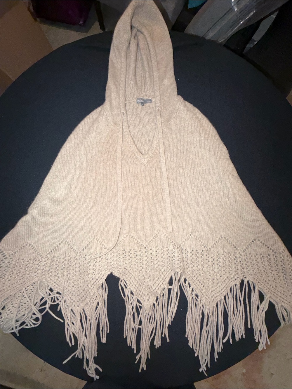 27 Miles Malibu 100% Cashmere Hooded Poncho Cape O/S Beige Fringe